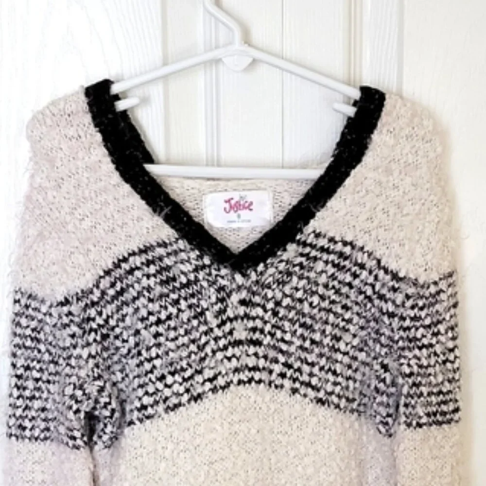 Justice Girls Hooded Sweater Black White Stripes V Neck Size 8